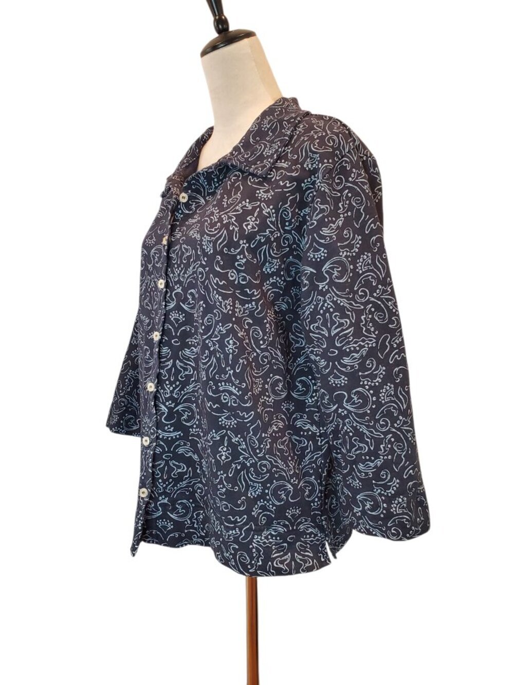 FRESH PRODUCE Button Front Top Black Scroll Print 3/4 Sleeve 100% Cotton - Picture 5 of 8